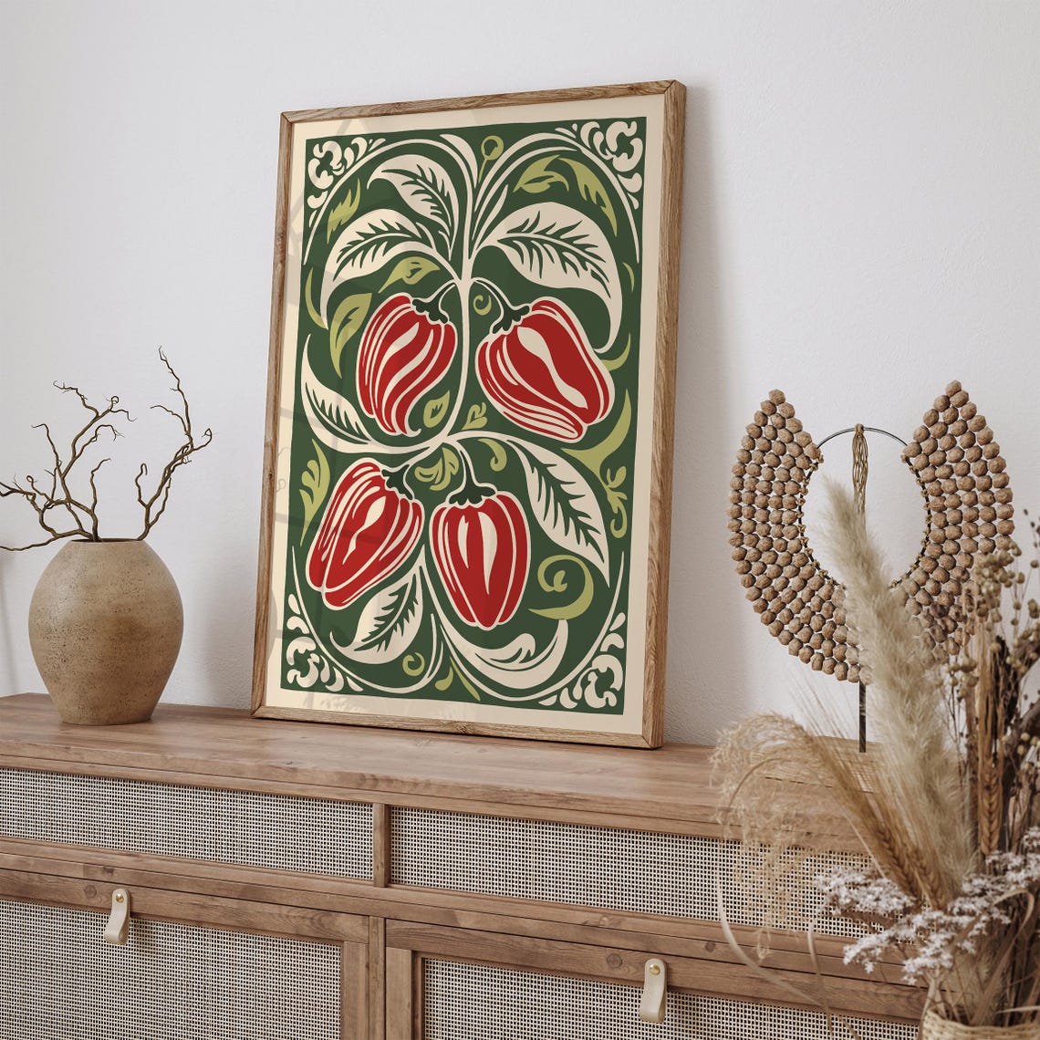 Red Bell Peppers Rococo Green Kitchen Botanical Vintage Art Poster - Image 3