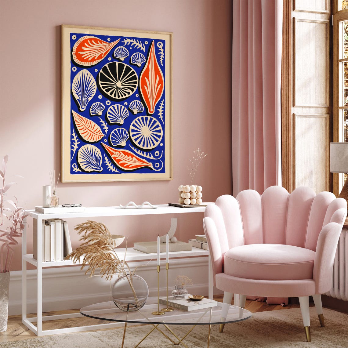 Colorful Seashell Pattern Poster in Cobalt Blue and Coral Tones - Image 3