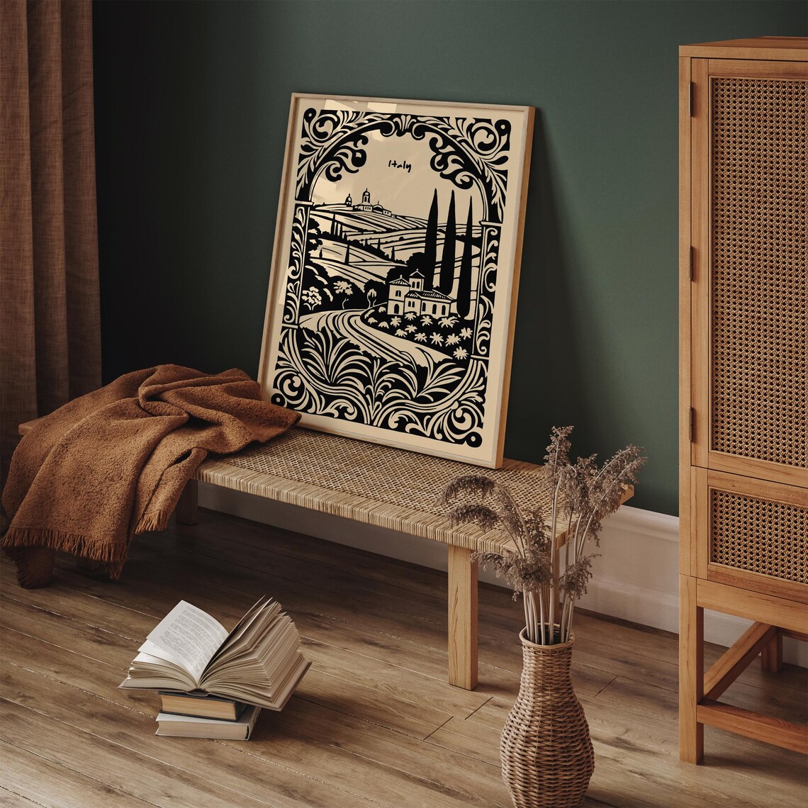 Tuscany Italy Countryside Villa Cypress Hills Linocut Poster - Image 3
