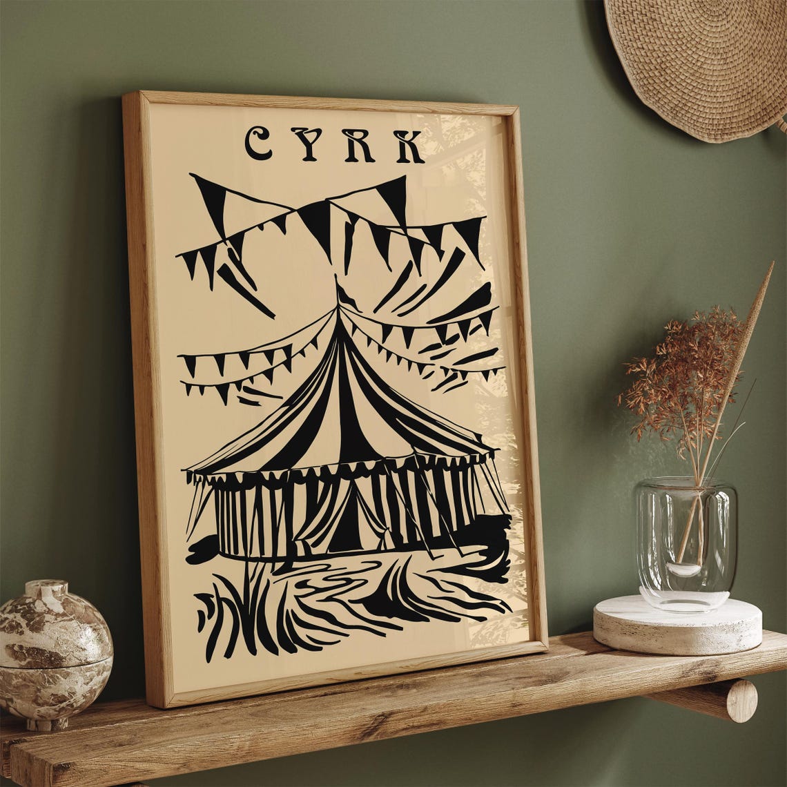 Vintage Monochrome CYRK Circus Tent Linocut Illustration Poster