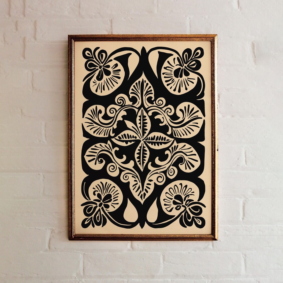 Bold Black and Cream Art Nouveau Floral Ornament Pattern Poster