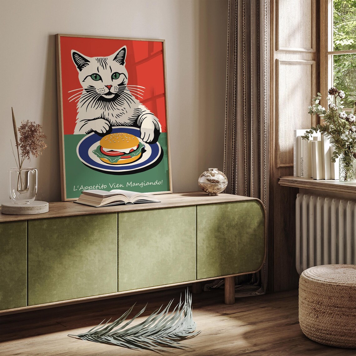 Funny White Cat Eating Burger Italian Poster L'Appetito Vien Mangiando - Image 5