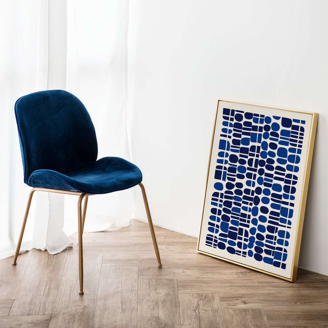Mid Century Modern Blue Geometric Shapes Abstract Graphic Print - Image 3