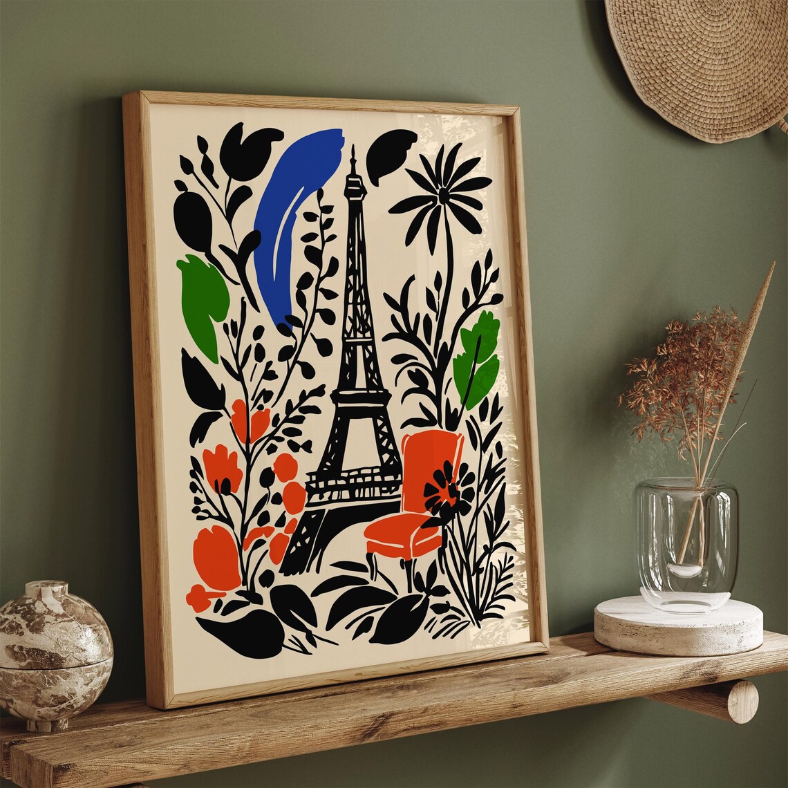 Paris Eiffel Tower Botanical Poster Red Chair and Abstract Leaves