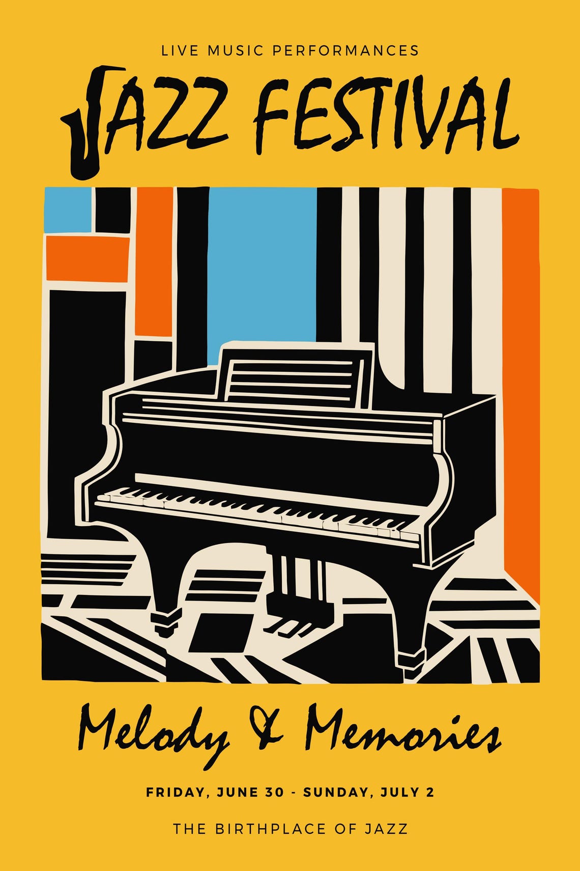 Bright Yellow Melody & Memories Retro Jazz Festival Piano Poster - Image 6