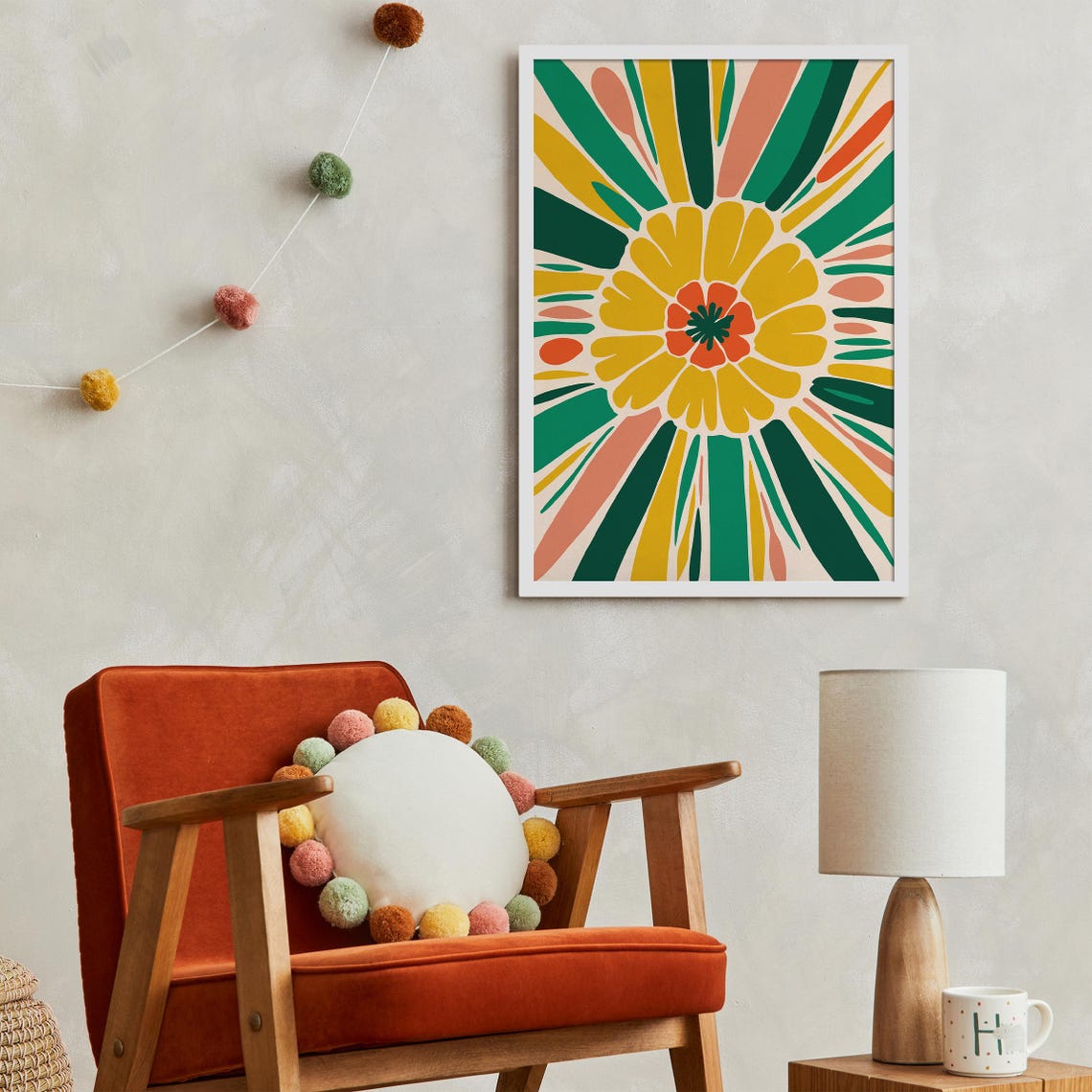 70s Retro Flower Sunburst Bold Yellow Green Floral Art Poster - Image 5