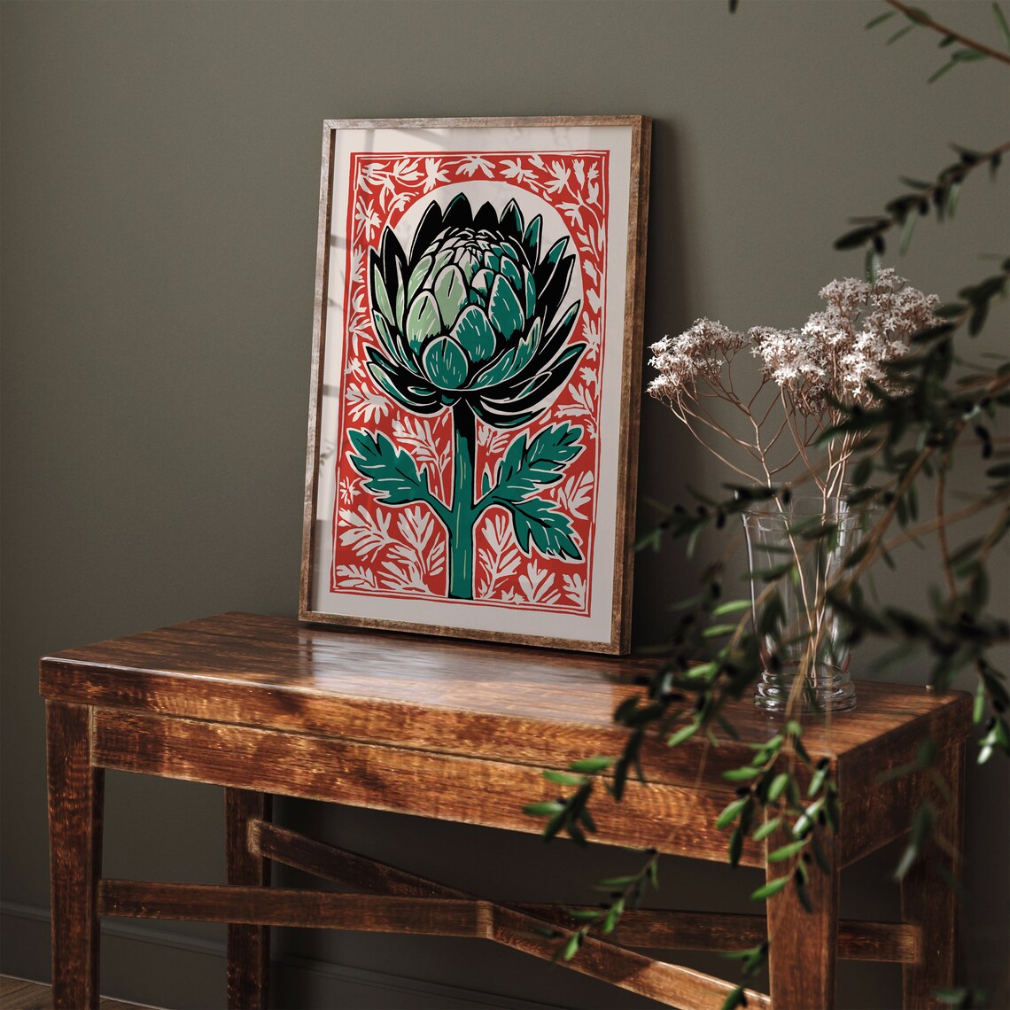 Red and Green Artichoke Linocut Style Vintage Kitchen Wall Poster - Image 3