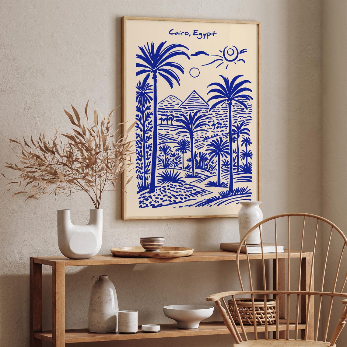 Cairo Egypt Blue Pyramids Palm Trees Sunny Travel Art Poster - Image 3