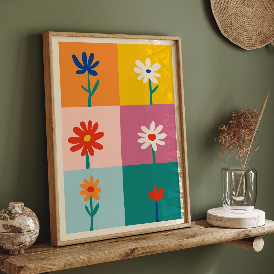 Retro 70s Six Panel Bold Colorful Blooming Flowers Grid Poster