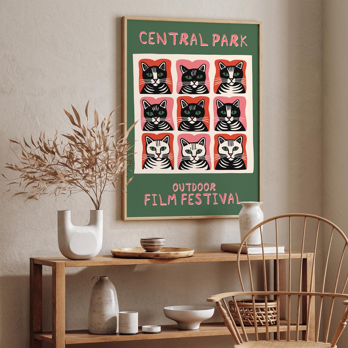 Central Park Outdoor Film Festival Pop Art Cat Faces Grid Poster - Image 5