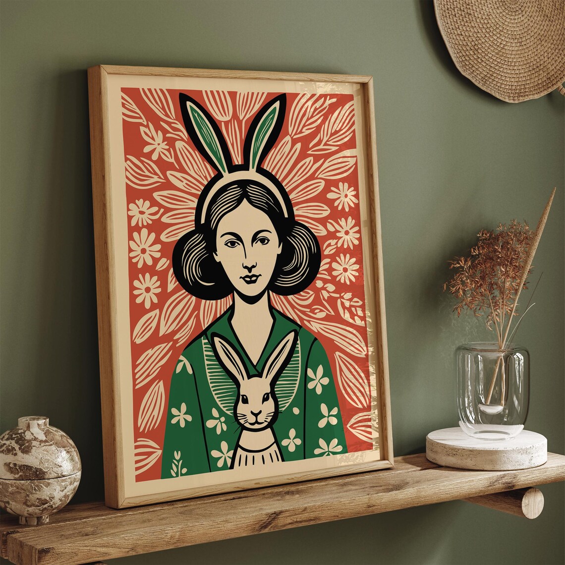 Whimsical Bunny Girl Vintage Linocut Style Animal Illustration Poster - Image 5
