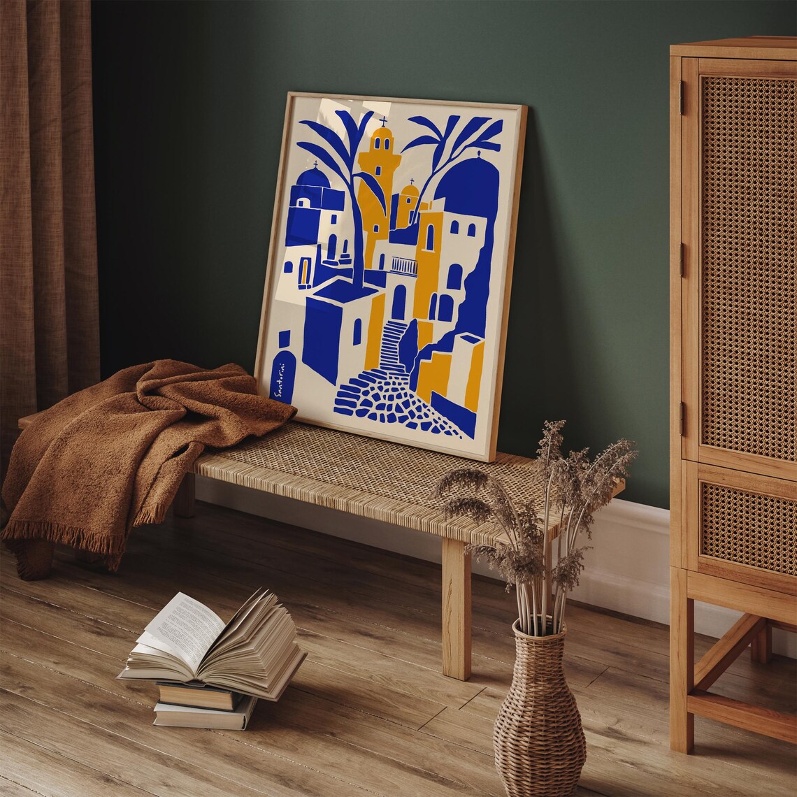 Colorful Santorini Village Poster In Blue And Warm Ochre Tones - Image 5
