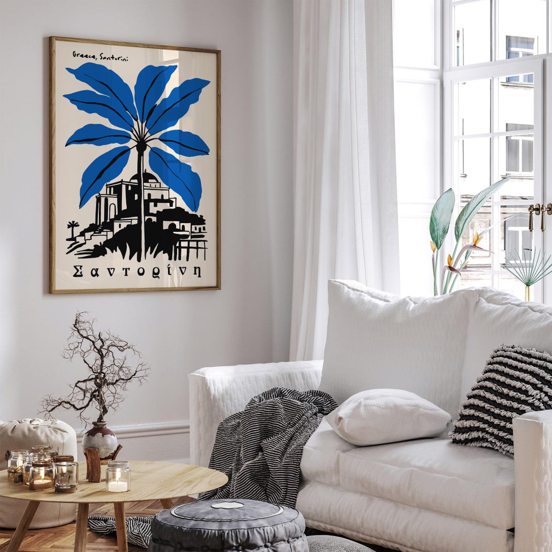 Santorini Greece Blue Palm Tree Village Architecture Art Poster - Image 2