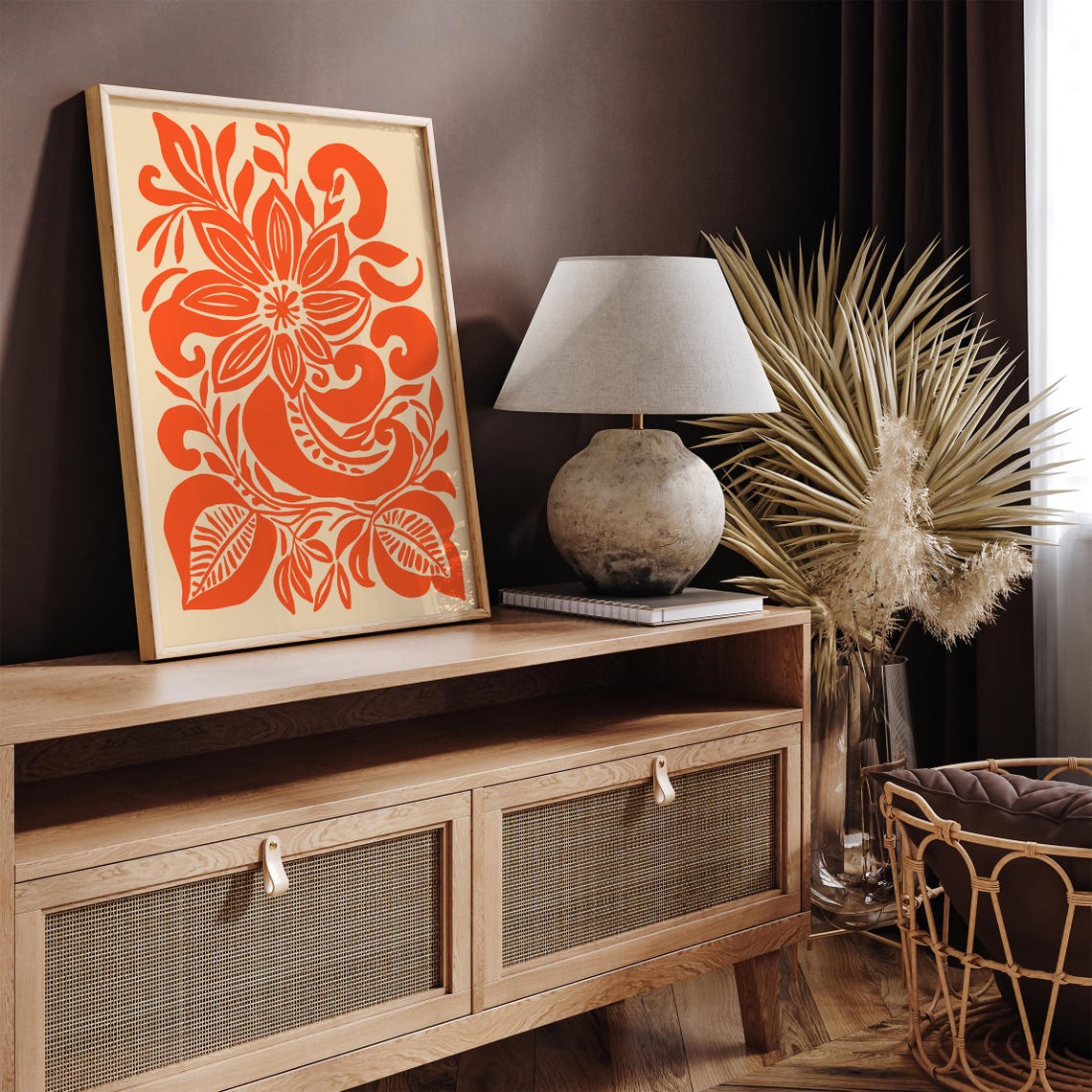 Bold Orange Folk Floral Pattern Modern Boho Style Wall Poster - Image 5