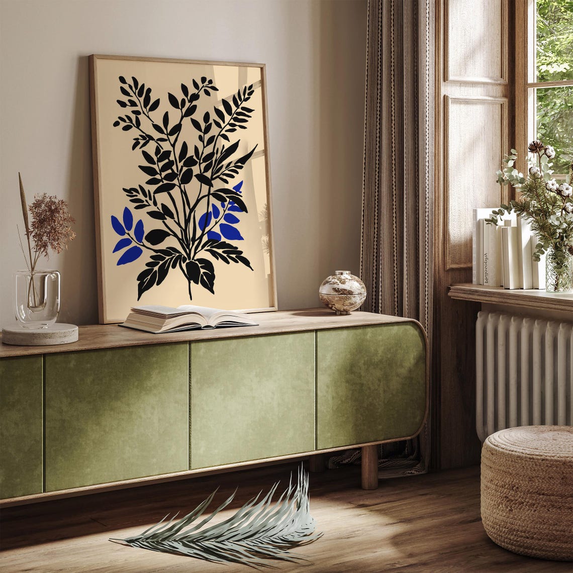 Black Blue Leaf Silhouette Minimalist Botanical Rustic Art Print - Image 4