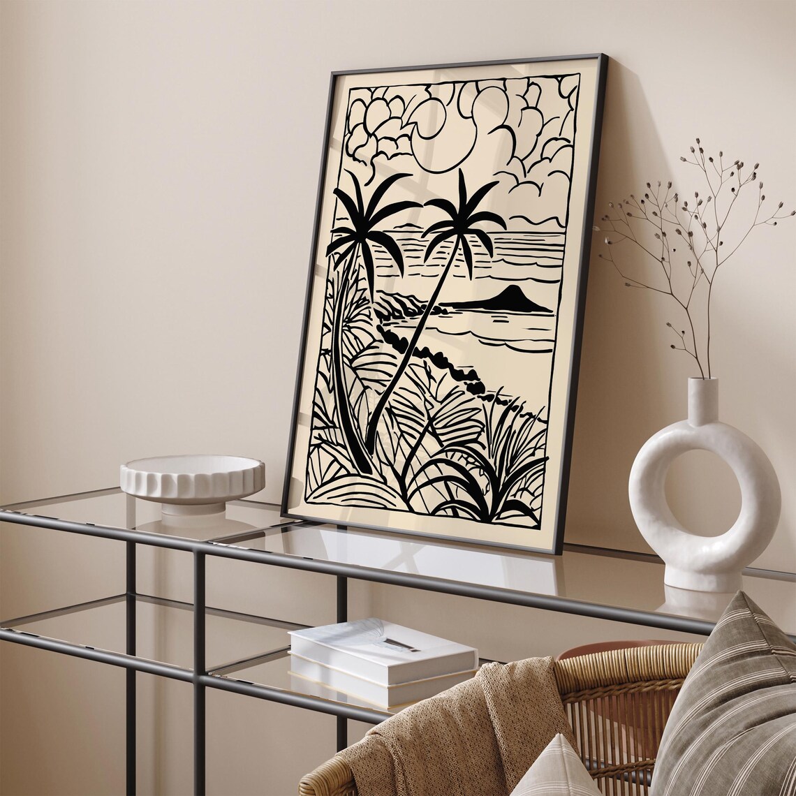 Thailand Palm Beach Black Beige Linocut Minimalist Travel Poster - Image 5