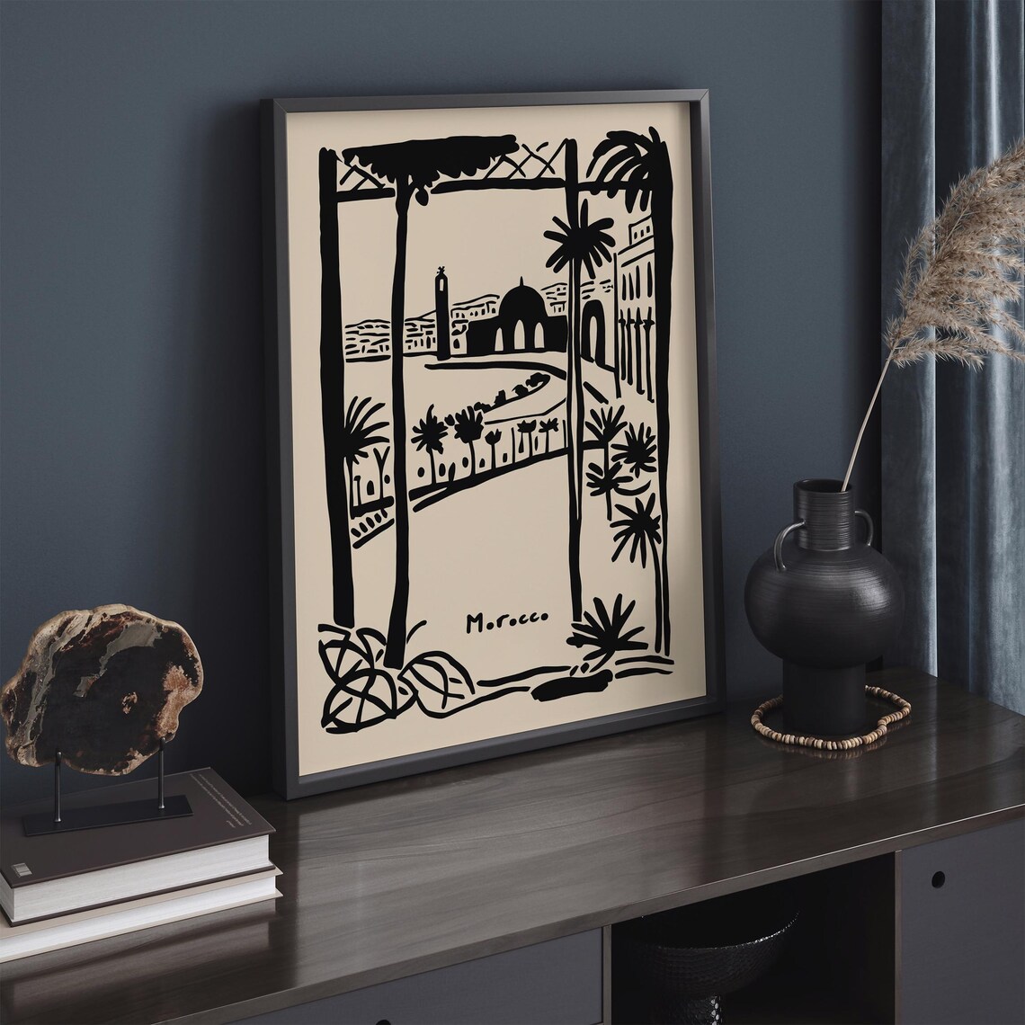 Morocco Terrace View Black Ink Sketch Palm Tree Travel Poster - Image 2