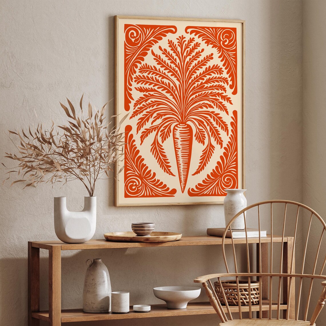 Vintage Carrot Botanical Linocut Rustic Farmhouse Kitchen Wall Art - Image 5