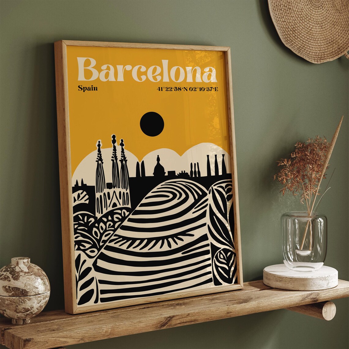 Barcelona Mustard Yellow Sagrada Familia Sun Travel Skyline Poster - Image 3