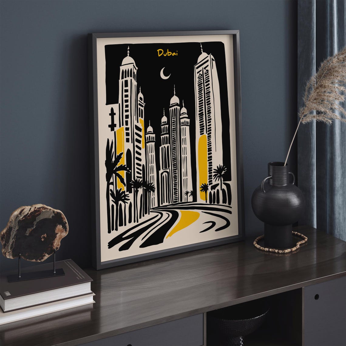 Dubai Night Skyline Black Gold Crescent Moon Cityscape Poster - Image 2
