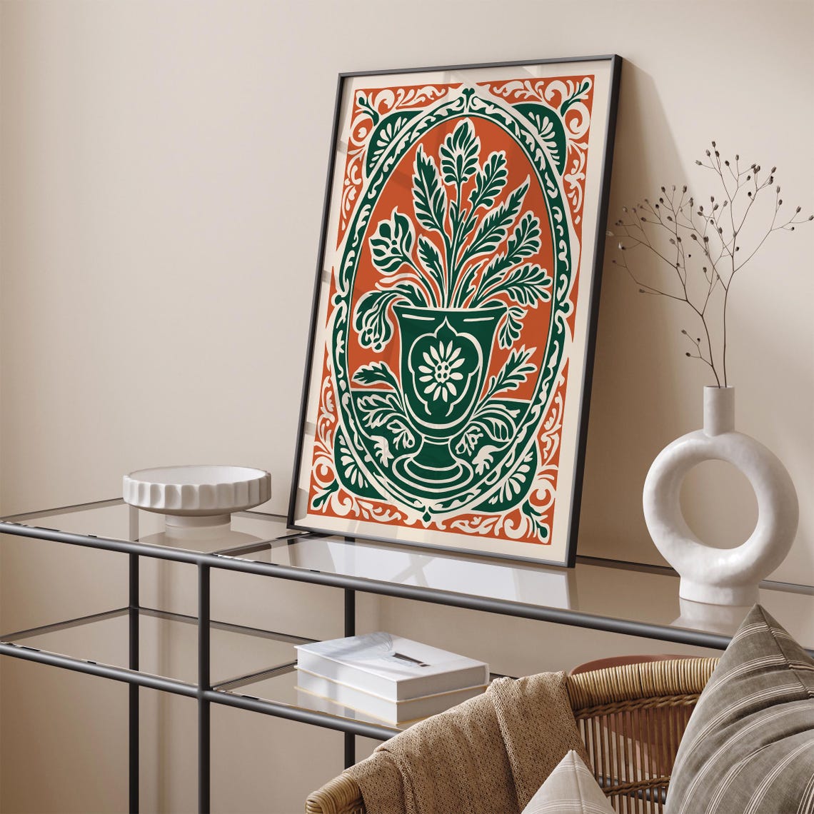 Green Urn Foliage Orange Rococo Botanical Kitchen Art Poster - Image 4