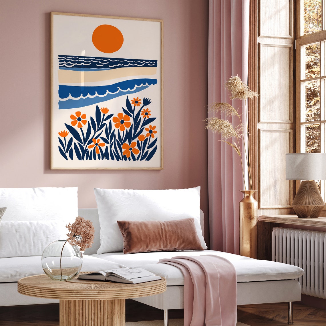 Abstract Floral Ocean Sunset Orange Sun Blue Waves Scene Poster - Image 4