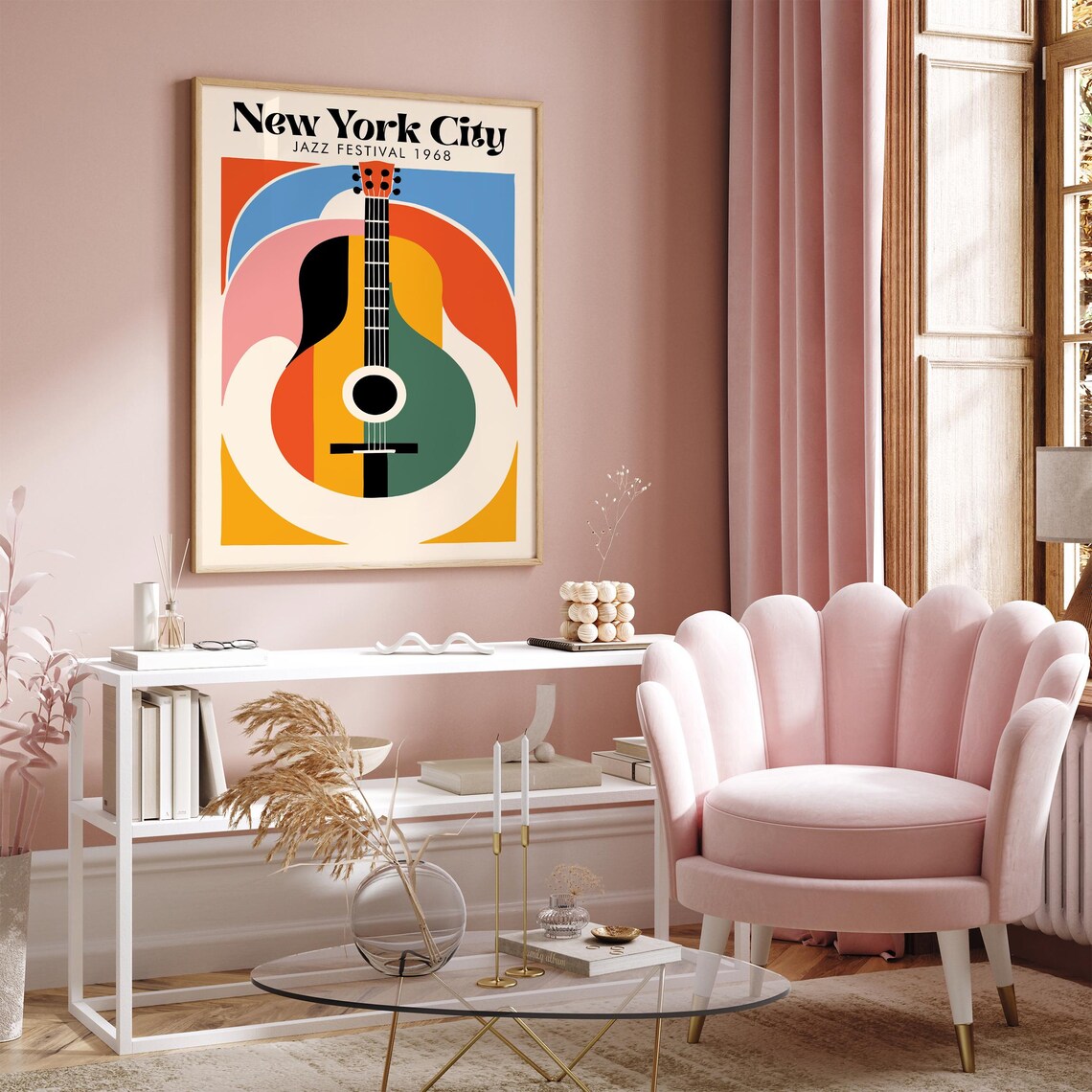Retro Groovy 1968 New York City Jazz Festival Striped Guitar Poster - Image 2