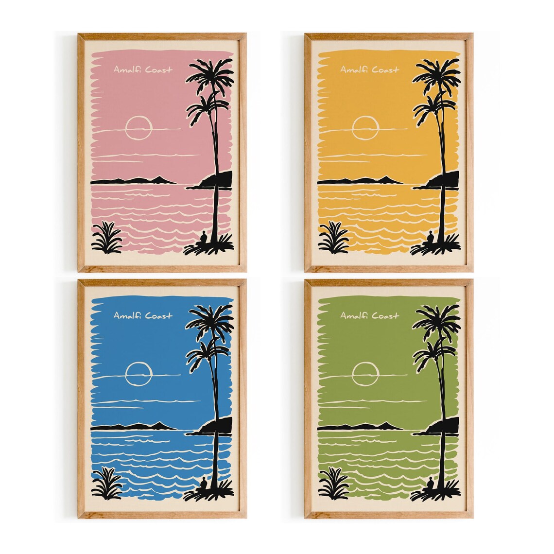 Amalfi Coast Sunset Palm Tree Beach Minimalist Travel Poster