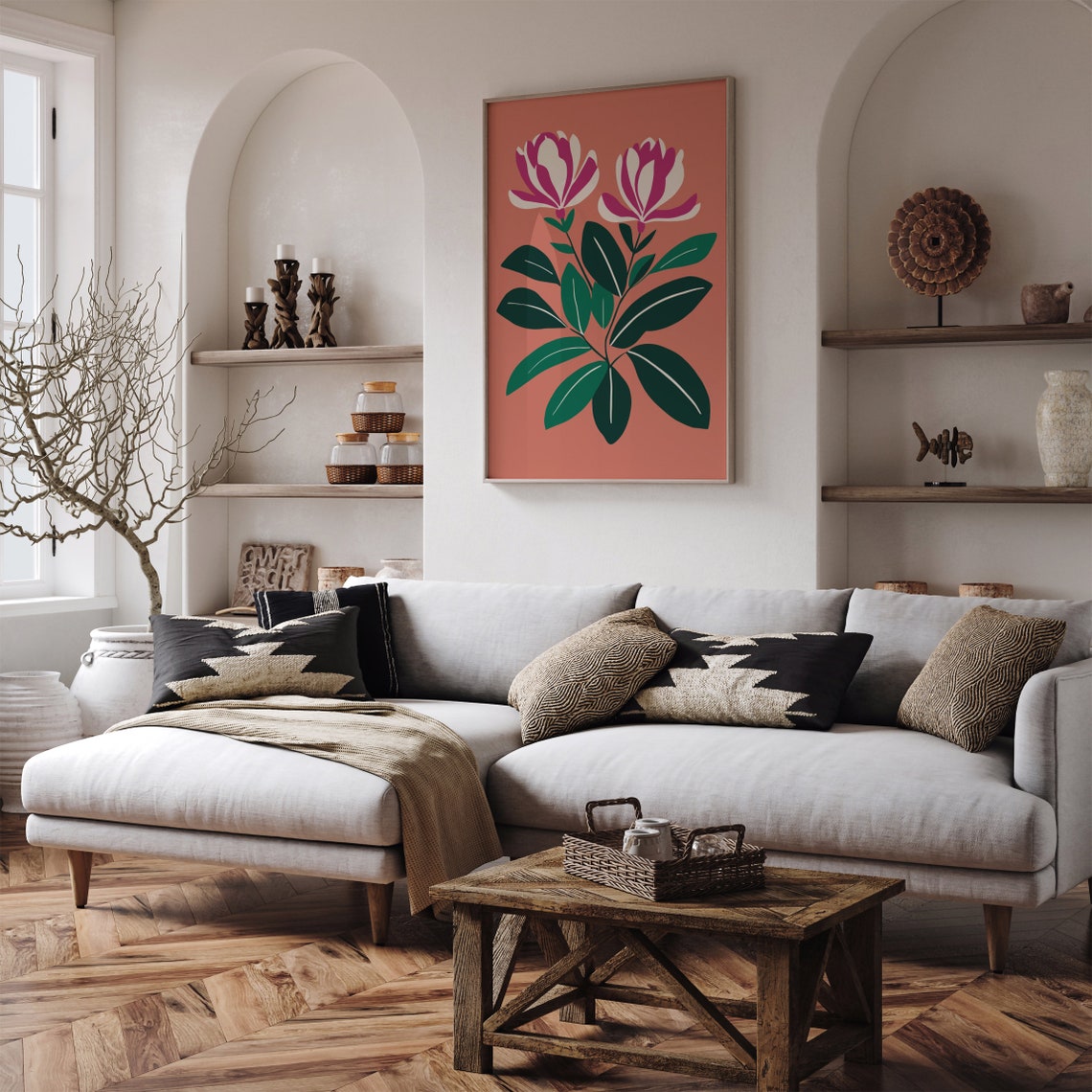 Pink Rhododendron Botanical Floral Art Print on Coral Background - Image 5