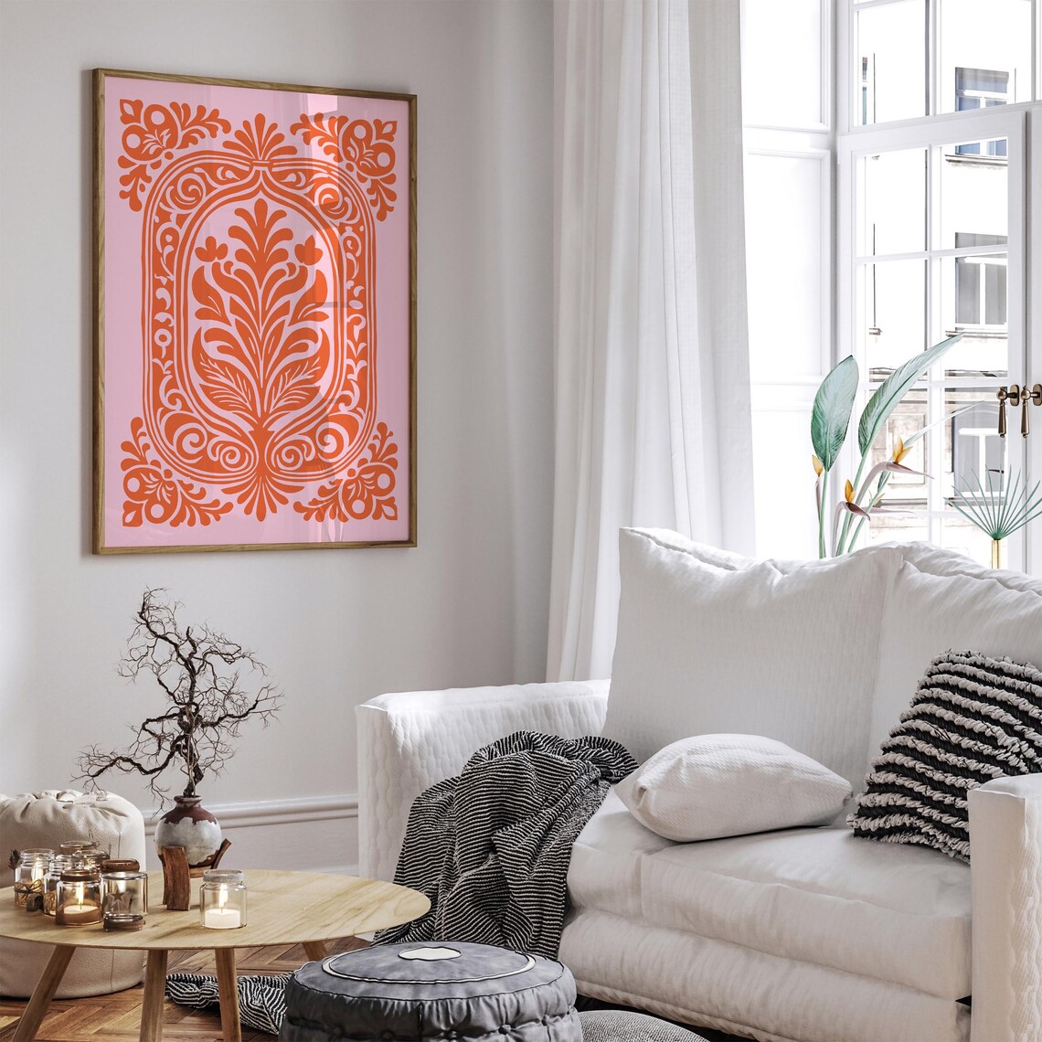 Orange Baroque Floral Medallion on Pink Ornate Vintage Poster - Image 5