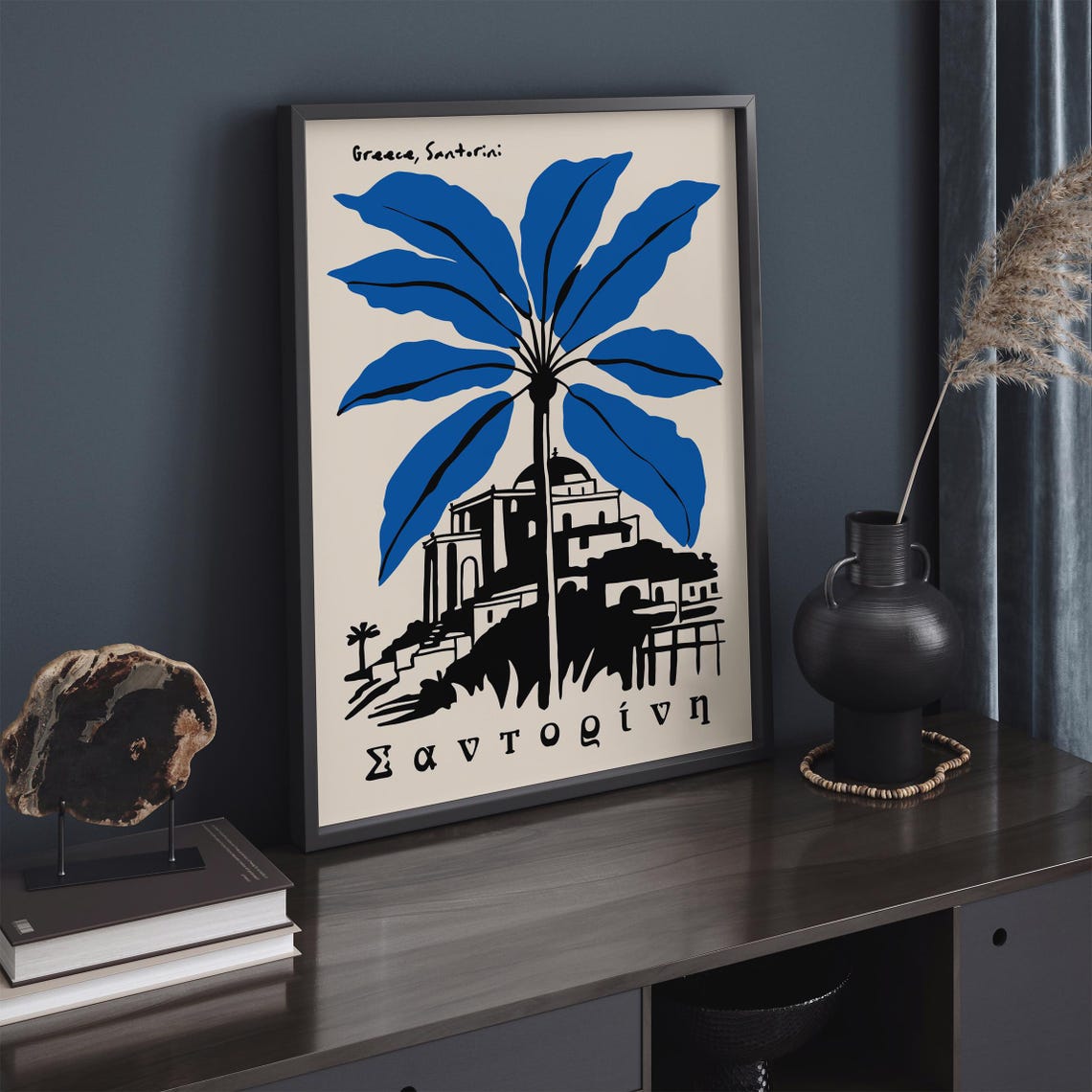 Santorini Greece Blue Palm Tree Village Architecture Art Poster - Image 4
