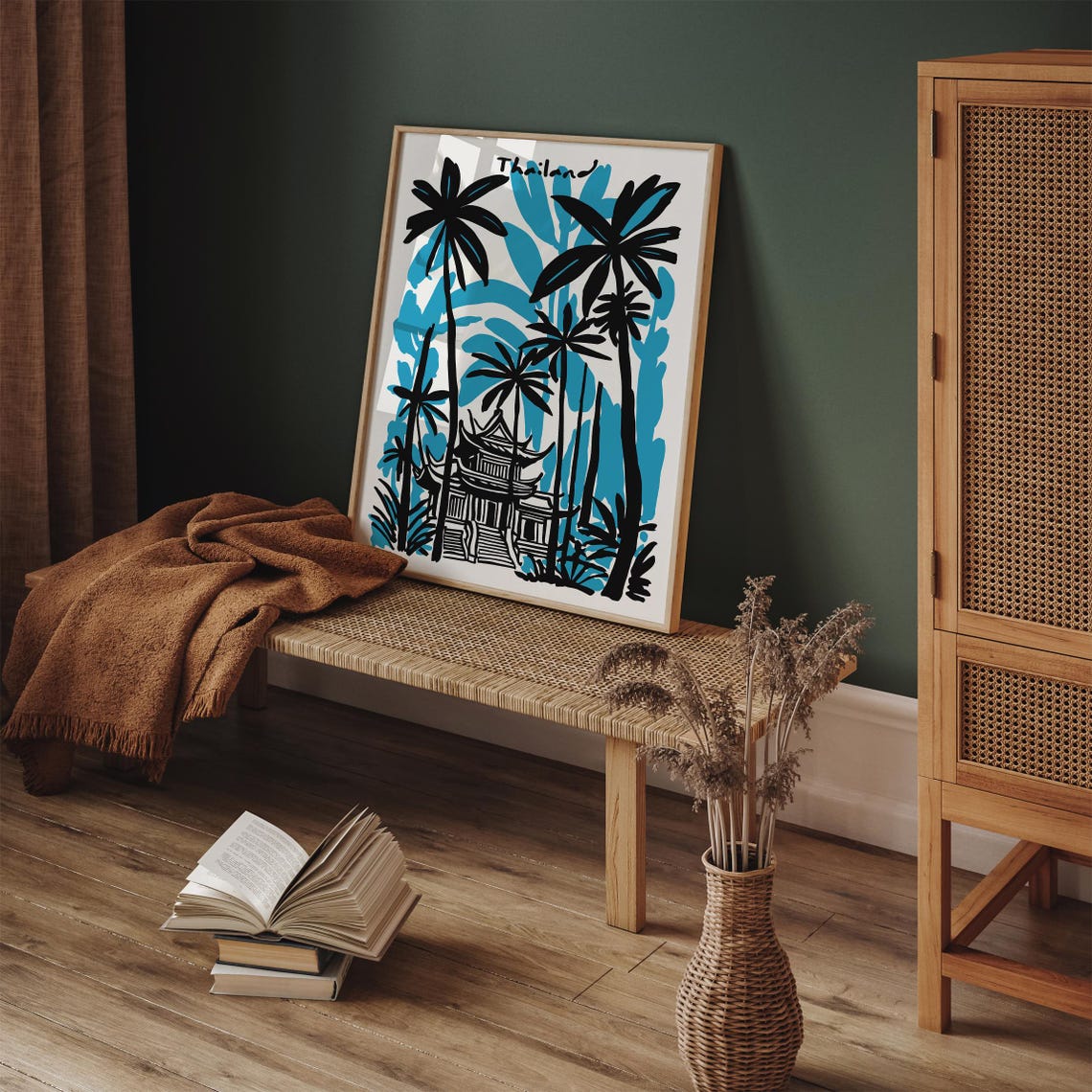 Thailand Tropical Temple Tall Palm Trees Colorful Travel Poster - Image 3