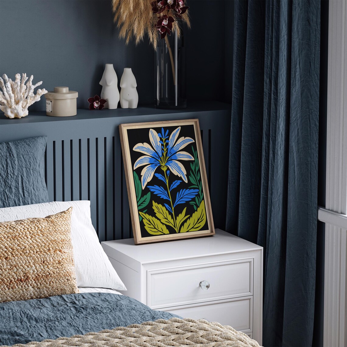 Blue and White Lily Folk Art Flower on Black Background Poster - Image 2
