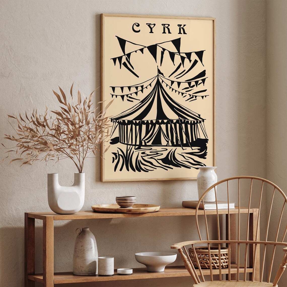 Vintage Monochrome CYRK Circus Tent Linocut Illustration Poster - Image 4
