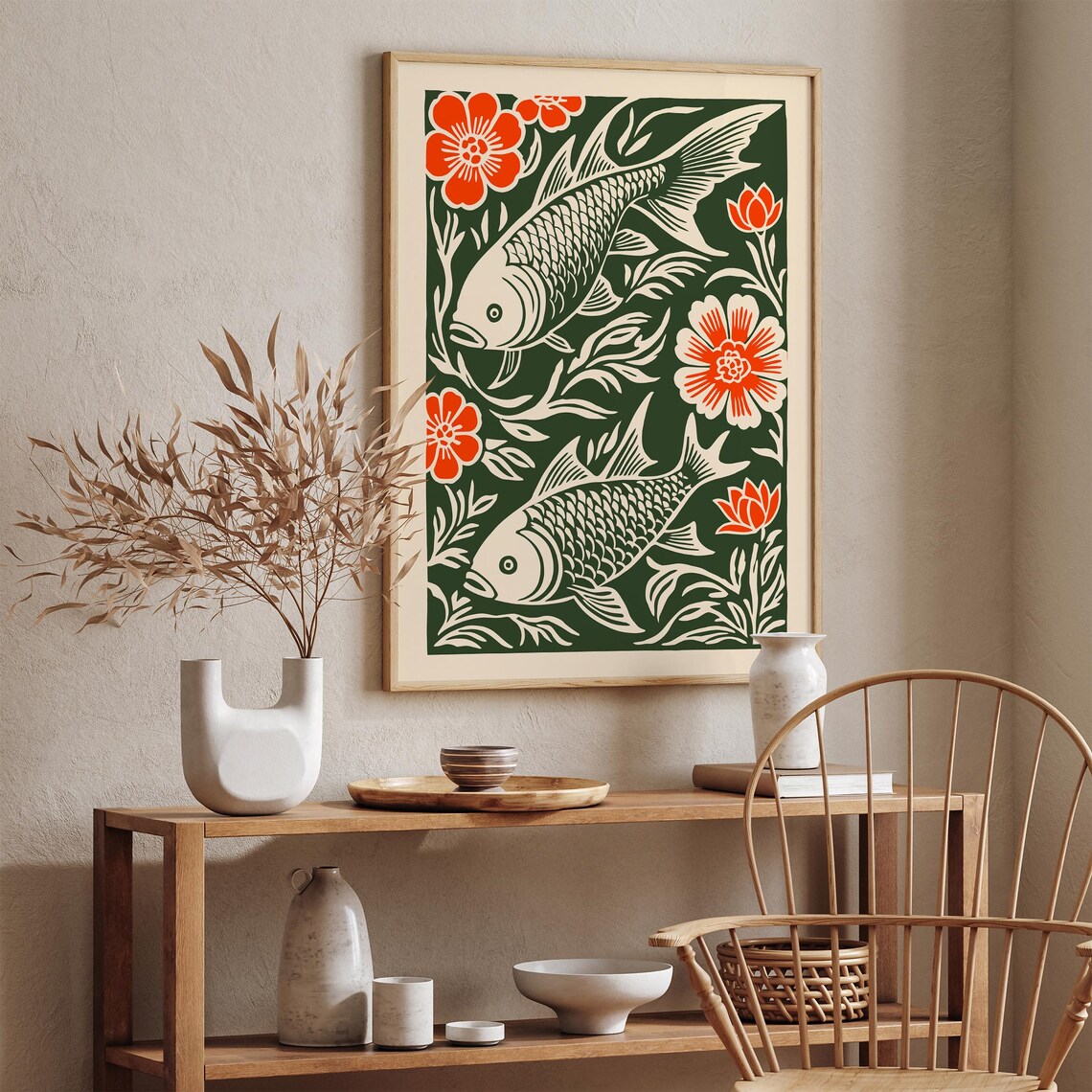 Japanese Koi Fish Pair Red Floral Green Linocut Style Art Poster - Image 3
