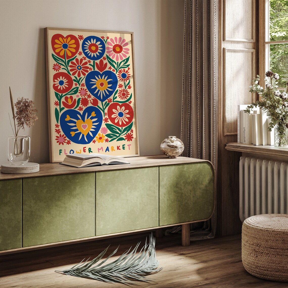 Colorful Flower Market Folk Floral Hearts Whimsical Art Poster - Image 3