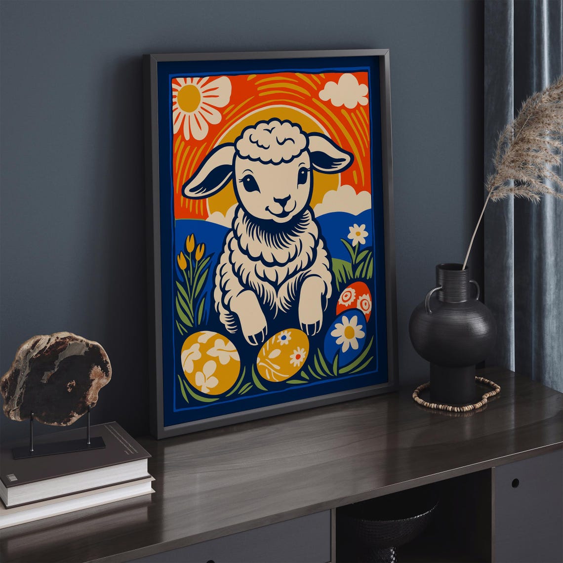 Charming Retro Easter Lamb Poster With Painted Eggs And Bright Sun - Image 2