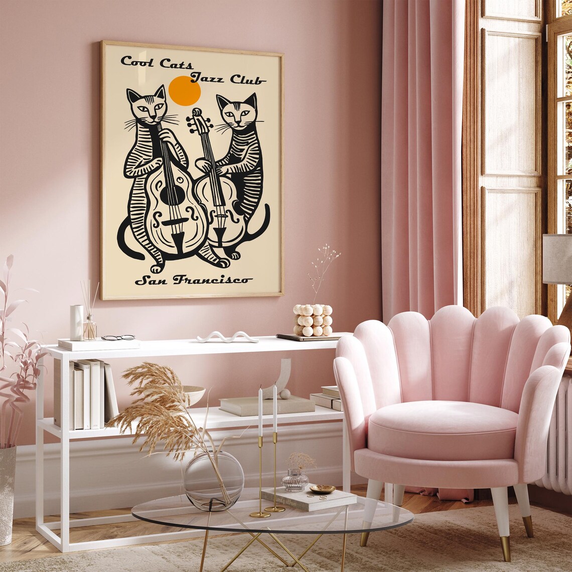 Cool Cats Jazz Club San Francisco Double Bass Cats Line Art Poster - Image 4