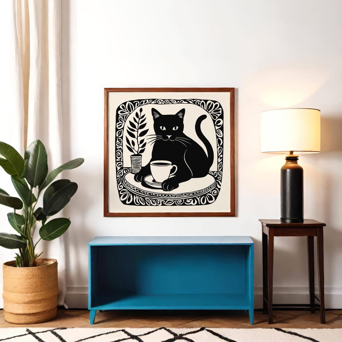Cozy Black Cat With Coffee Cup Black and White Linocut Art Print - Image 3