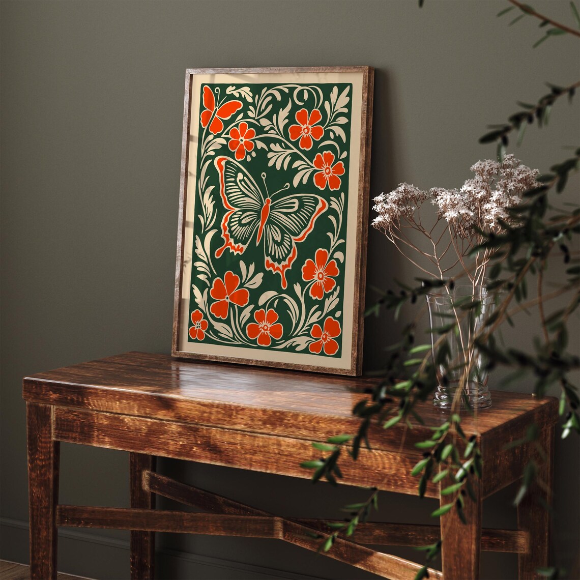 Orange Butterfly Folk Botanical Floral Linocut Nature Decor Poster - Image 2