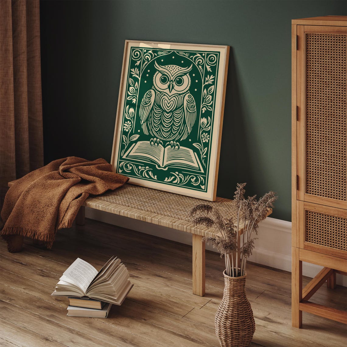 Green Linocut Owl Reading Book Whimsical Library Decor Poster - Image 6
