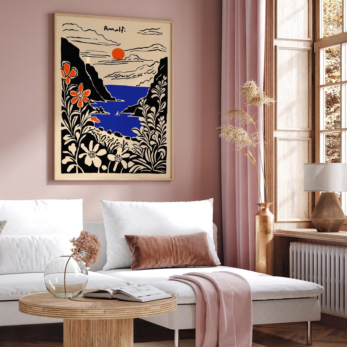 Amalfi Coast Sunset Flowers Sailboat Retro Italian Travel Poster - Image 4