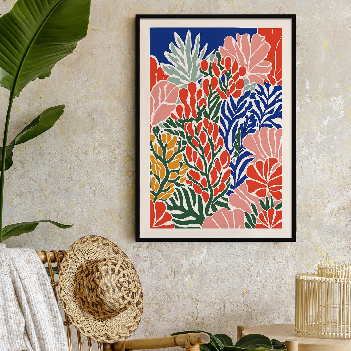 Abstract Coral Pink Blue Botanical Garden Matisse Style Art Poster - Image 2