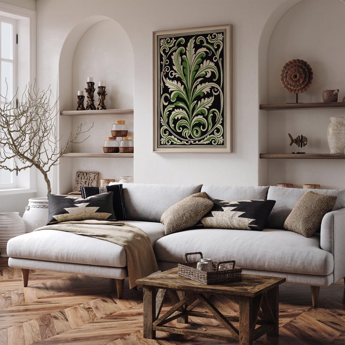 Green Acanthus Leaf Baroque Ornament on Black Classic Vintage Poster - Image 6