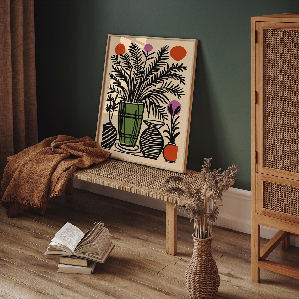 Retro Botanical Still Life Green Vase Colorful Folk Art Decor Poster - Image 5