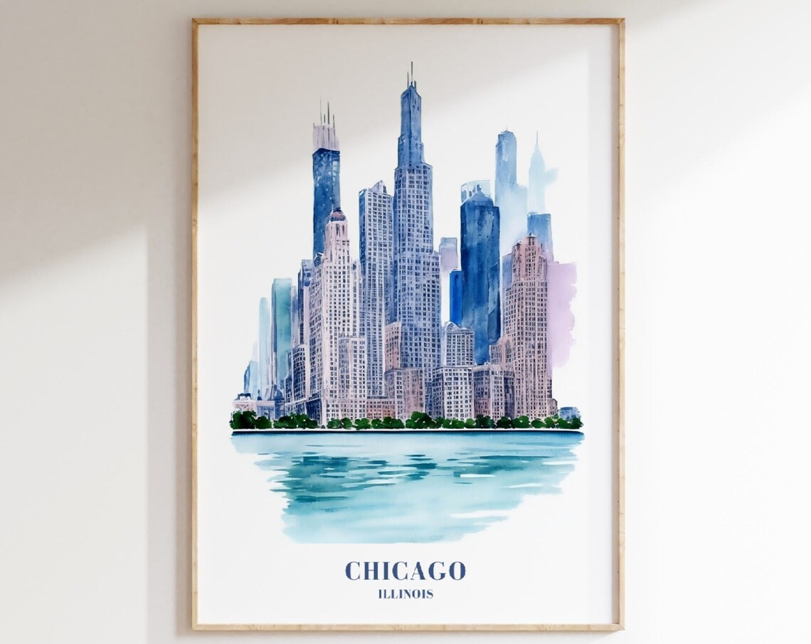 Chicago Illinois Watercolor Skyline Poster City Travel Wall Decor Art