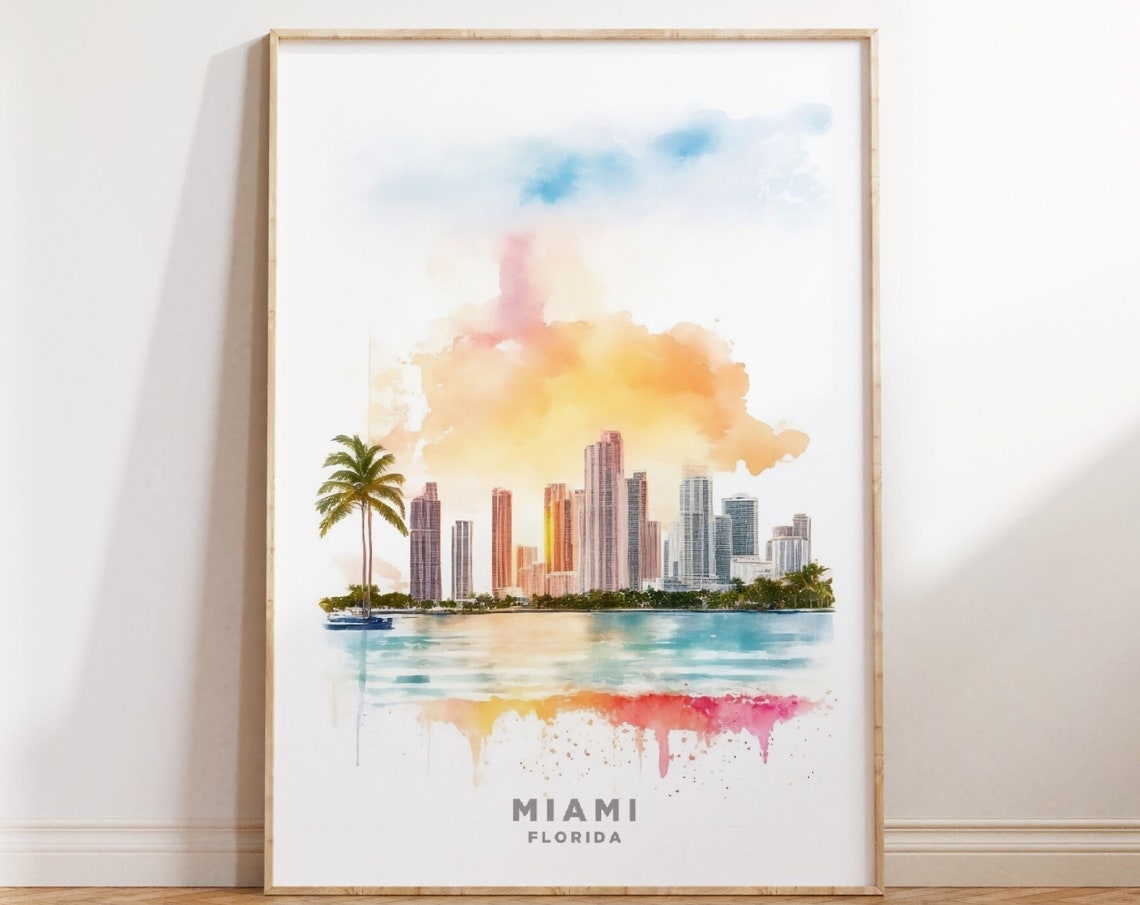 Miami Travel Print Art Pink Blue Miami Travel Watercolor Print Trendy Wall Print Miami Poster Travel Posters Usa