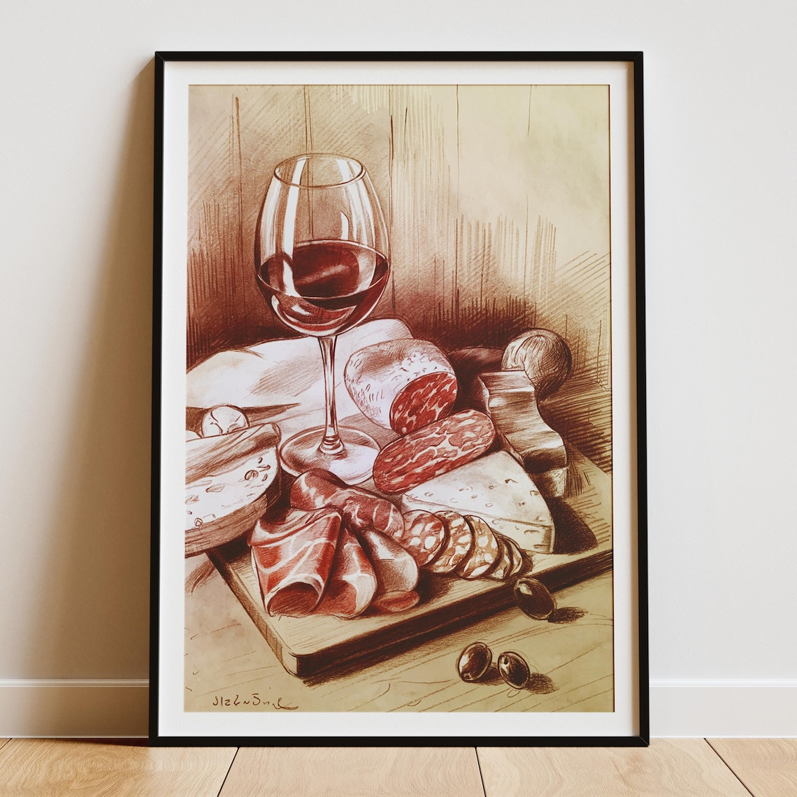 Charcuterie Board Red Wine Watercolour Illustration - Image 3