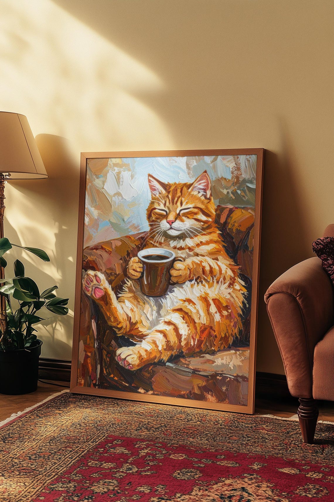 Funny Ginger Cat Drinking Coffee Textured Oil Painting Poster