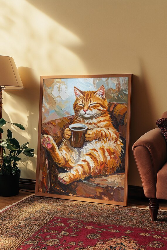 Funny Ginger Cat Drinking Coffee Textured Oil Painting Poster